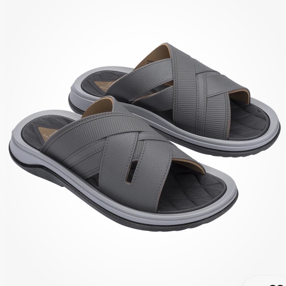 NWT! GEORGE Men's Size 9 Gray Crossband
Slide Sandals Faux Leather Arch Support